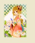  1girl brown_eyes brown_hair checkered checkered_background chrysanthemum earrings floral_print flower from_side furoshiki hair_ornament holding japanese_clothes jewelry kimono looking_at_viewer obi sash short_hair solo 