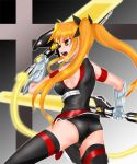  1girl bardiche blonde_hair dual_wielding energy_sword fate_testarossa gauntlets lyrical_nanoha magical_girl mahou_shoujo_lyrical_nanoha mahou_shoujo_lyrical_nanoha_strikers minatsuki_randoseru solo sword thigh-highs twintails weapon 