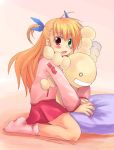  1girl blush crossover full_body green_eyes hair_ribbon heterochromia hug karamiti long_hair long_sleeves looking_at_viewer lyrical_nanoha mahou_shoujo_lyrical_nanoha mahou_shoujo_lyrical_nanoha_strikers moyashimon oryzae-tan pink_background red_eyes ribbon simple_background sitting socks solo two_side_up very_long_hair vivio wariza 