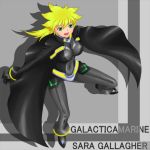  1girl :d belt blonde_hair bodysuit breasts buckle cape character_name copyright_name covered_navel green_eyes grey_background large_breasts looking_at_viewer my-otome open_mouth rokuichi sara_gallagher silhouette simple_background skin_tight smile solo text 