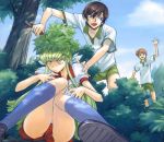  1girl 2boys c.c. clouds code_geass kimura_takahiro kururugi_suzaku lelouch_lamperouge multiple_boys nature official_art outdoors sky tree 