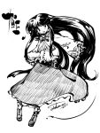  1girl artist_name belt blush female frilled_skirt frills houraisan_kaguya long_hair long_skirt long_sleeves monochrome open_mouth shoes sidelocks simple_background skirt solo tokiame touhou very_long_hair white_background wide_sleeves 