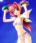  1girl ahoge bikini food fruit hair_ribbon holding holding_fruit kagami_sumika muvluv norizou_type-r red_eyes redhead ribbon side-tie_bikini solo swimsuit watermelon 