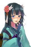  1girl black_hair blue_eyes blush flower hair_flower hair_ornament japanese_clothes kimono rune_factory rune_factory_2 solo sora_(efr) yue_(rune_factory) 