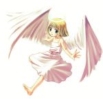  1girl angel barefoot blonde_hair blue_eyes dress short_hair simple_background solo wings 