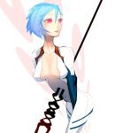  1girl ayanami_rei blue_hair breasts cleavage dskb lance lance_of_longinus large_breasts neon_genesis_evangelion open_clothes open_shirt pink_eyes plugsuit polearm red_eyes shirt solo spear weapon 
