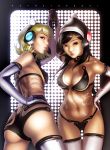  2girls ass blonde_hair breasts brown_hair chester_ocampo cleavage cleavage_cutout elbow_gloves gloves hand_on_hip headphones lips lipstick makeup midriff multiple_girls pepper_project see-through swimsuit thigh-highs 