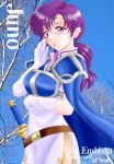  1girl armor cape character_name copyright_name fire_emblem fire_emblem:_fuuin_no_tsurugi gloves hissaa_(starlight_express) long_hair ponytail purple_hair solo starlight_express sword violet_eyes weapon yuno_(fire_emblem) 