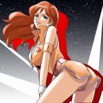  1girl 80s angel_omachi armlet ass blue_eyes breasts earrings ginga_senpuu_braiger haruyama_kazunori hoop_earrings j9_series jewelry large_breasts lowres machiko_valencia oldschool orange_hair science_fiction short_shorts shorts solo watch watch 