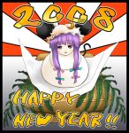  00s 1girl 2008 animal_ears bow female food hiyorimi mochi mouse_ears new_year patchouli_knowledge pink_bow solo touhou wagashi 
