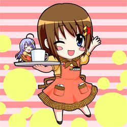  2girls :d ;d ^_^ ^o^ ahoge arm_up blush blush_stickers chibi closed_eyes cup dress hair_ornament hairclip kerchief lavender_hair looking_back lyrical_nanoha mahou_shoujo_lyrical_nanoha mahou_shoujo_lyrical_nanoha_strikers minigirl multiple_girls one_eye_closed open_mouth puffy_short_sleeves puffy_sleeves red_dress reinforce_zwei saki_chisuzu short_hair short_sleeves smile standing tray waitress wink yagami_hayate 