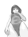  1girl bucho foreshortening from_below highleg highleg_swimsuit monochrome one-piece_swimsuit simple_background solo swimsuit 