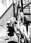  2girls bad_id bar bartender block candle counter dress long_hair monochrome multiple_girls original skeleton stairs ton_(pixiv37657) 