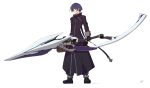  1boy alternate_weapon artist_name black_hair boots chrono_harlaown full_body gloves huge_weapon long_coat looking_away lyrical_nanoha mahou_shoujo_lyrical_nanoha mahou_shoujo_lyrical_nanoha_strikers male_focus short_hair simple_background solo wadatsumi_garland weapon white_background 