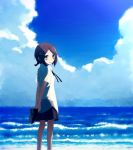  1girl arms_behind_back bad_id bangs bare_legs barefoot blue blue_background blush brown_hair clouds dot_nose flat_chest grey_eyes hair_ornament hairclip hands_together holding holding_shoes horizon looking_at_viewer mizu_asato neck_ribbon necktie ocean original outdoors own_hands_together pale_skin parted_bangs plaid plaid_skirt ribbon sad school_uniform serafuku shirt shoes short_hair short_ponytail short_sleeves sidelocks skirt sky solo standing t-shirt waves white_shirt 