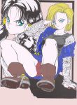  2girls android_18 artist_request black_hair blonde_hair blue_eyes boots colored dragon_ball dragonball_z earrings glaring jewelry multiple_girls nail_polish no_legwear panties pencil_skirt pink_nails short_hair skirt twintails underwear upskirt vest videl 