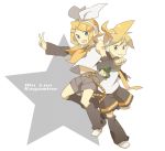  1boy 1girl blonde_hair brother_and_sister green_eyes hayato_(meromoni) kagamine_len kagamine_rin microphone siblings twins v vocaloid 