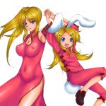  2girls animal_ears bare_shoulders blonde_hair blue_eyes breasts china_dress chinese_clothes cleavage dress large_breasts multiple_girls rabbit_ears rokuichi side_slit small_breasts smile tight 