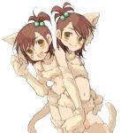  animal_ears bad_id bikini brown_hair cat_ears cat_tail futami_ami futami_mami gloves idolmaster iruha lowres midriff paw_gloves paws siblings swimsuit tail thigh-highs twins yellow_eyes 