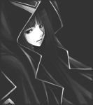  1girl black black_background black_hair cloak cogwheel expressionless gensou_suikoden gensou_suikoden_v hood lowres solo zerase 