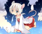  1girl all_fours animal_ears barefoot blue_eyes intertwined_tails kito_(sorahate) mouse_ears mouth_hold new_year rat short_hair sky solo star tail white_hair 