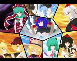  6+girls aki_minoriko aki_shizuha animal_ears aqua_eyes arm_ribbon ascot black_eyes black_hair blonde_hair blue_hair bow breasts closed_eyes detached_sleeves female front_ponytail green_hair hair_bobbles hair_bow hair_ornament hair_ribbon hat inubashiri_momiji kagiyama_hina kawashiro_nitori kochiya_sanae large_breasts long_hair looking_at_viewer medium_breasts moriya_suwako mountain_of_faith multiple_girls notebook one_eye_closed pom_pom_(clothes) purple_hair red_eyes ribbon shameimaru_aya shield short_hair teeth thumbs_up tokin_hat touhou twintails two_side_up wink wolf_ears yasaka_kanako 