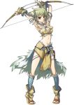  1girl boots bow_(weapon) breasts brown_eyes cleavage cota green_hair lowres medium_breasts midriff sandals solo trusty_bell viola weapon 
