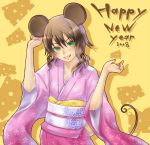  00s 1girl 2008 2d animal_ears brown_hair curly_hair ear_grab green_eyes grin happy_new_year japanese_clothes kimono mole mouse_ears mouse_tail nail_polish new_year original pink_nails smile solo tail yellow_background 