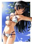  1girl armpits bikini black_hair brown_eyes face katahira_masashi long_hair outdoors sky solo swimsuit 