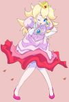  1girl blonde_hair blue_eyes gesture super_mario_bros. nintendo pantyhose princess_peach simple_background solo super_mario_bros. white_legwear wink 