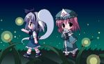  2girls animal blue_dress brown_eyes chibi dress female fireflies floating frills full_body ghost green_dress hat insect konpaku_youmu konpaku_youmu_(ghost) long_sleeves mob_cap multiple_girls night night_sky outdoors petenshi_(dr._vermilion) pink_hair saigyouji_yuyuko short_hair silver_hair sky touhou triangular_headpiece 