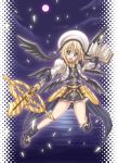  black_wings blonde_hair blue_eyes book flying hat lyrical_nanoha mahou_shoujo_lyrical_nanoha mahou_shoujo_lyrical_nanoha_a&#039;s moon narendo night open_mouth schwertkreuz skirt staff tome_of_the_night_sky water wings yagami_hayate 