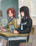  2girls atlach-nacha b_suke black_hair brown_eyes brown_hair chalkboard classroom closed_eyes hirasaka_hatsune long_hair multiple_girls school_uniform serafuku sleeping tagme takano_sachiho 