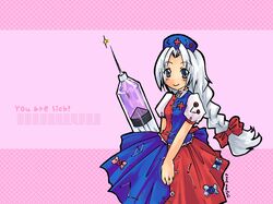  1girl female large_syringe oversized_object solo syringe touhou wallpaper yagokoro_eirin 