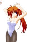  1girl animal_ears arms_up black_legwear blue_eyes breasts brown_hair bunnysuit cleavage leotard long_hair looking_at_viewer lyrical_nanoha mahou_shoujo_lyrical_nanoha mahou_shoujo_lyrical_nanoha_strikers medium_breasts one_eye_closed open_mouth pantyhose ponytail rabbit_ears racequeen redhead side_ponytail simple_background smile solo strapless takamachi_nanoha violet_eyes white_background 