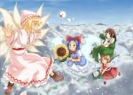 4girls ^_^ above_clouds blonde_hair blue_hair brown_hair cherry_blossoms closed_eyes clouds fairy female flower flying hat kedama kusogappa lily_white mountain multiple_girls open_mouth outdoors petals sky sunflower sunflower_fairy touhou wings 