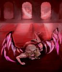 1girl arch barefoot blonde_hair cis_(carcharias) closed_eyes crystal demon_wings dress female flandre_scarlet frills full_body hat lowres lying mob_cap on_stomach pillar puffy_short_sleeves puffy_sleeves red red_dress short_sleeves solo touhou vampire window wings 