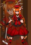  1girl ahoge beret blue_eyes braid bunny_hair_ornament clenched_hand dress full_body gloves graf_eisen hair_ornament hammer hat holding holding_weapon looking_at_viewer lyrical_nanoha magical_girl mahou_shoujo_lyrical_nanoha mahou_shoujo_lyrical_nanoha_a&#039;s minatsuki_randoseru red_dress redhead solo spikes twin_braids vita weapon zoom_layer 