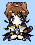  2girls animal_ears blue_eyes blush_stickers chibi dress full_body hair_ornament long_sleeves looking_back lowres lyrical_nanoha magical_girl mahou_shoujo_lyrical_nanoha mahou_shoujo_lyrical_nanoha_strikers minigirl multiple_girls raccoon_ears raccoon_tail reinforce reinforce_zwei saki_chisuzu short_hair tail uniform white_dress wings x_hair_ornament yagami_hayate 