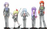  5girls bat_wings female flandre_scarlet formal hong_meiling izayoi_sakuya multiple_girls pant_suit patchouli_knowledge remilia_scarlet shorts suit the_embodiment_of_scarlet_devil touhou tuxedo wings 