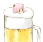  1girl alcohol animal_ears bad_id bear_ears beer chibi cup face froth in_container in_cup lowres minigirl original pink_hair red_eyes solo tsunako 