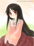  1girl black_hair blush bow dated dress female frills houraisan_kaguya long_hair looking_at_viewer mikamo_nekotani nekotani_mikamo number pink_dress red_eyes signature sitting smile solo touhou white_bow 