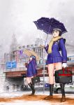  2girls city freckles garex multiple_girls original school_uniform serafuku snow snowing umbrella 