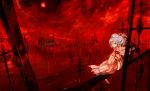  1girl bad_id bat_wings clouds dress female fence graveyard moon night outdoors red red_eyes red_moon red_sky remilia_scarlet sky solo ton_(pixiv37657) touhou white_hair wings 