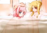  2girls bath bathing blonde_hair blue_eyes blush breasts caro_ru_lushe cleavage collarbone fate_testarossa looking_away looking_to_the_side lyrical_nanoha mahou_shoujo_lyrical_nanoha mahou_shoujo_lyrical_nanoha_strikers multiple_girls nude onsen partially_submerged pink_hair red_eyes sch short_hair sidelocks small_breasts steam towel towel_on_head water yuri 