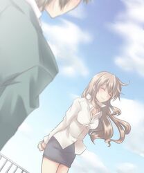  1boy 1girl arms_behind_back asahina_mikuru asahina_mikuru_(adult) ateru bracelet breasts cleavage closed_eyes clouds jewelry long_hair older pencil_skirt skirt sky smile suzumiya_haruhi_no_yuuutsu 