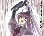  00s 1girl 2008 arm_up blood boshinote crazy_eyes dated fingerless_gloves gloves levantine long_sleeves lyrical_nanoha magical_girl mahou_shoujo_lyrical_nanoha mahou_shoujo_lyrical_nanoha_a&#039;s open_mouth pink_hair ponytail signum solo surprised sword unsheathed weapon wide-eyed 