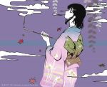  1girl black_hair expressionless japanese_clothes kimono kiseru looking_up pipe solo 