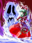  1girl bow female front_ponytail green_hair hair_bow hair_ribbon hisame_genta kagiyama_hina long_hair long_skirt ribbon skirt skull solo touhou 