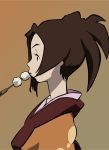  00s 1girl brown_background brown_hair dango eating food fuu japanese_clothes ponytail profile samurai_champloo simple_background solo upper_body wagashi 